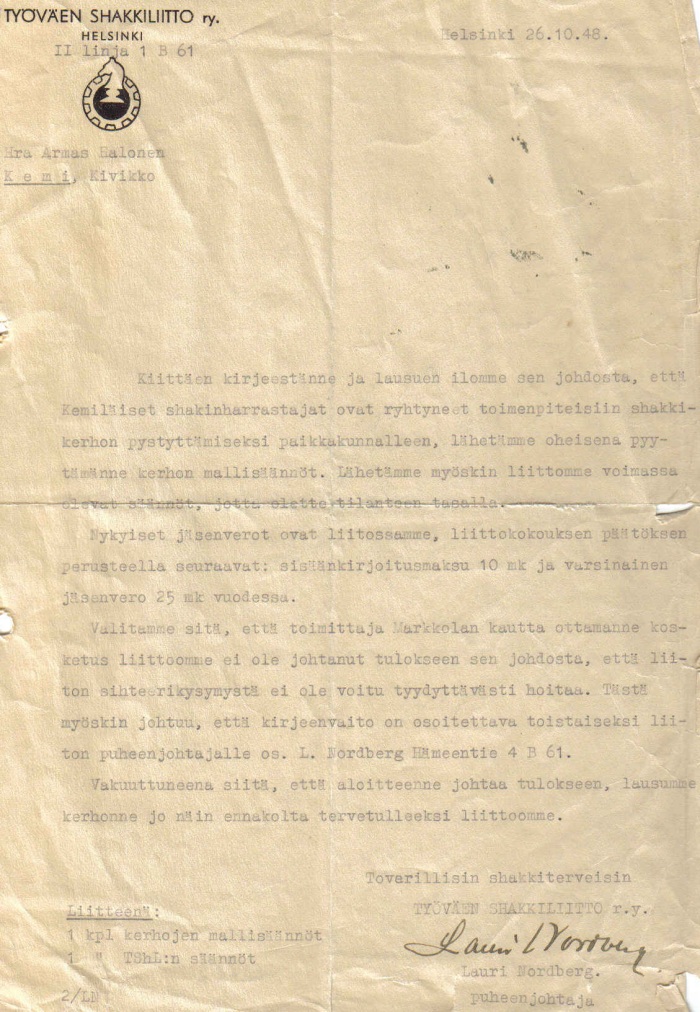 TShL:n kirje 1948