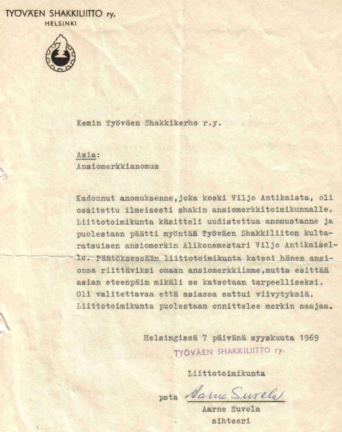 TShL:n kirje 1969
